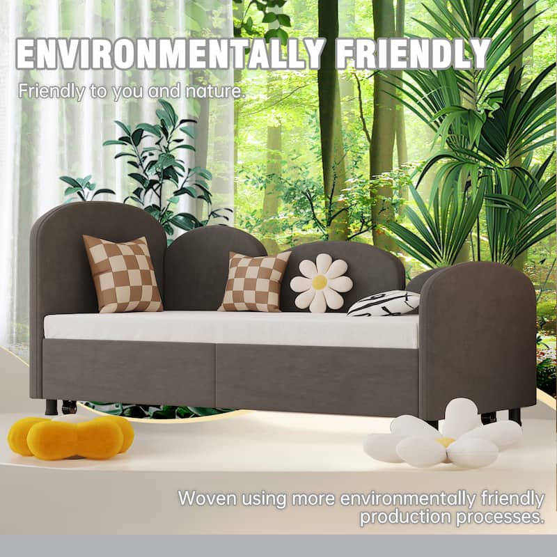 Twin Size Velvet Upholstered Daybed, Platform Bed Frame with Flower Design, Trundle Ideal for Bedroom and Guest Room