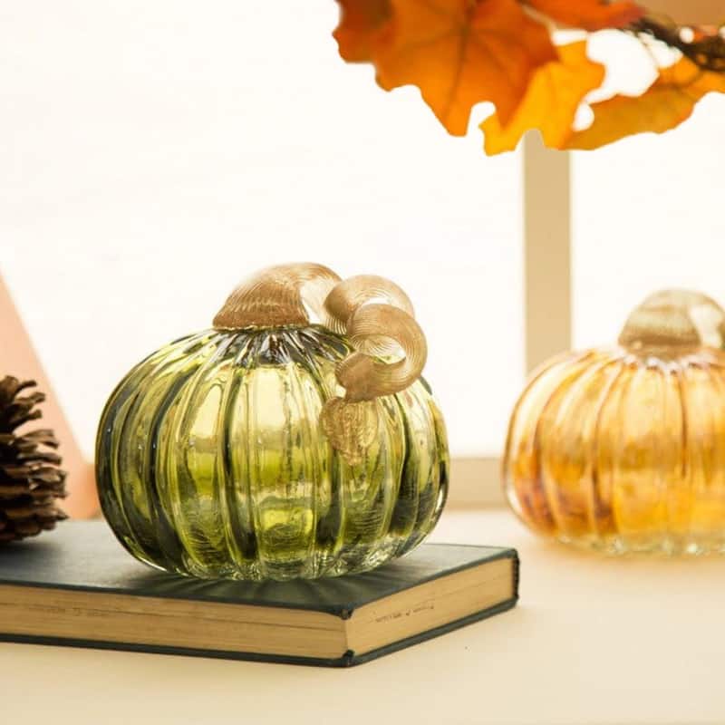 Glitzhome 6"D Fall Harvest Green Amber Crackle Hand Blown Glass Pumpkins Halloween Table Decor Thanksgiving Gifts