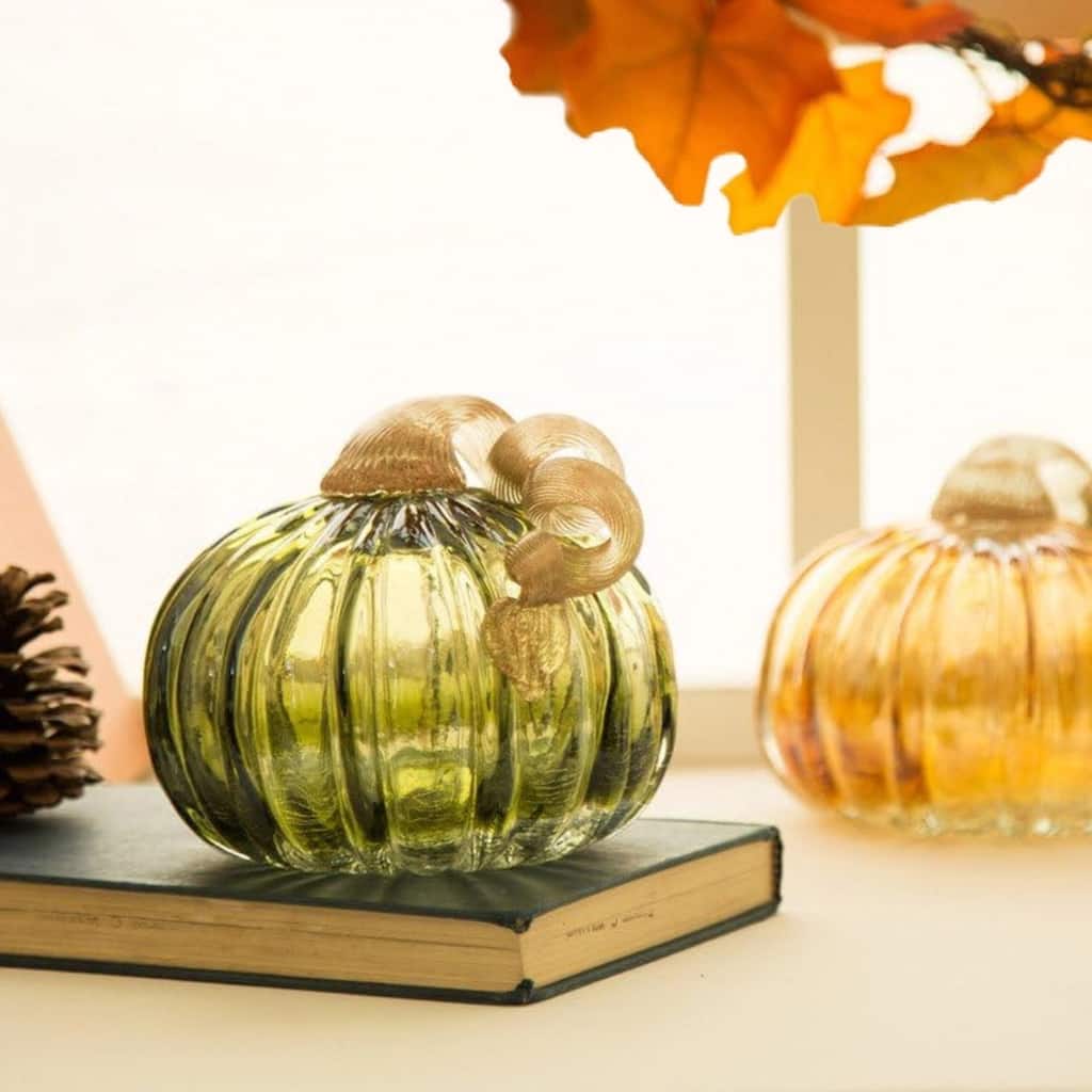 Glitzhome 6"D Fall Harvest Green Amber Crackle Hand Blown Glass Pumpkins Halloween Table Decor Thanksgiving Gifts