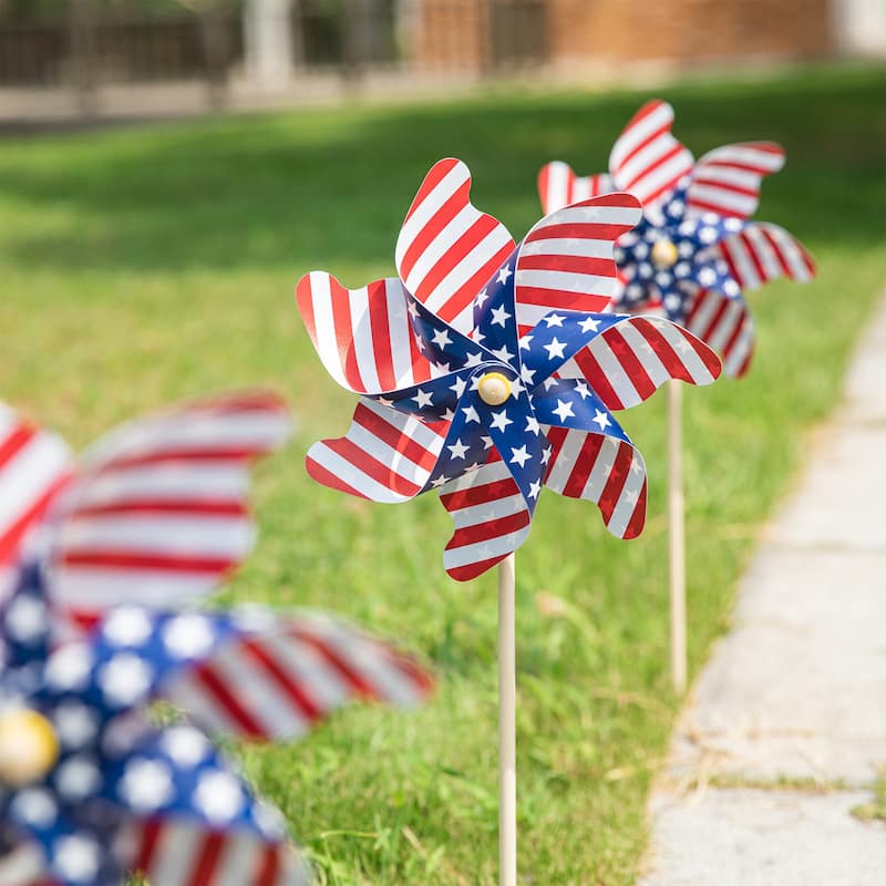 Glitzhome 24"H Set of 6 Plastic Stars&Stripes Patriotic Americana Windmills