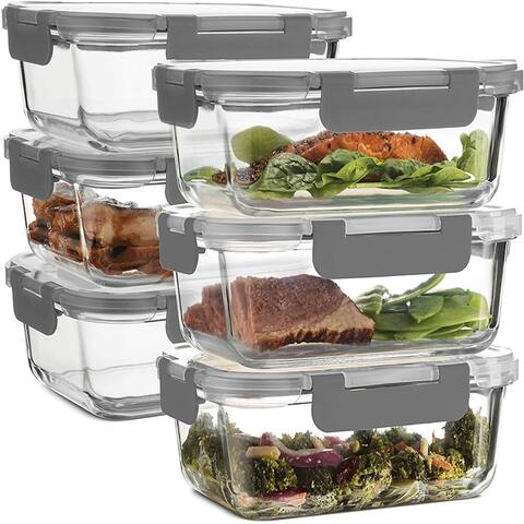 Superior Glass Meal Prep Containers - 6-pack (35oz) Newly Innovated Hinged BPA-free Locking lids - 100% Leak Proof Glass - 6PCS