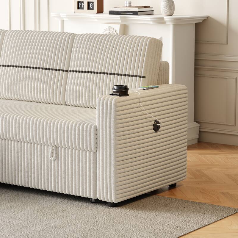 Corduroy Sleeper Sofa Bed with Storage Chaise, Dual Cup Holders, and USB Charging Port Convertible Couch for Living Room