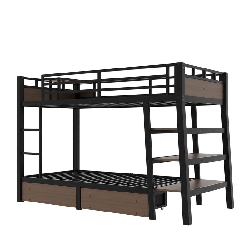 Roomfitters Metal Bunk Bed with Storage Drawers and Shelves, LED Lights and USB, Black