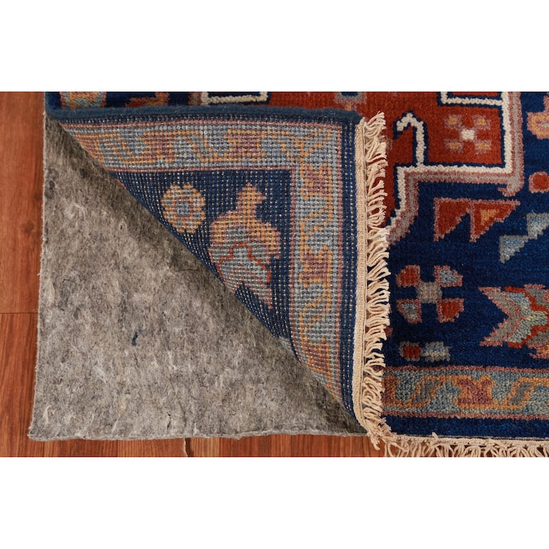 Hand Knotted Oriental 100% Wool Carpet Traditional Geometric Navy Blue & Blues Kazak Runner Rug - 7' 9'' X 2' 7''