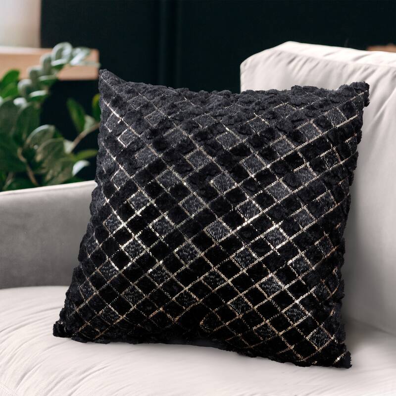 Checker Embroidered Pillow with Sequins - Black