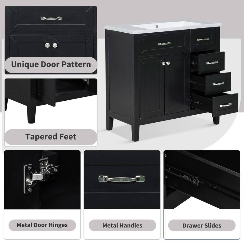 36" Bathroom Vanity with Sink Combo, Black Bathroom Cabinet with Drawers, Solid Frame and MDF Board