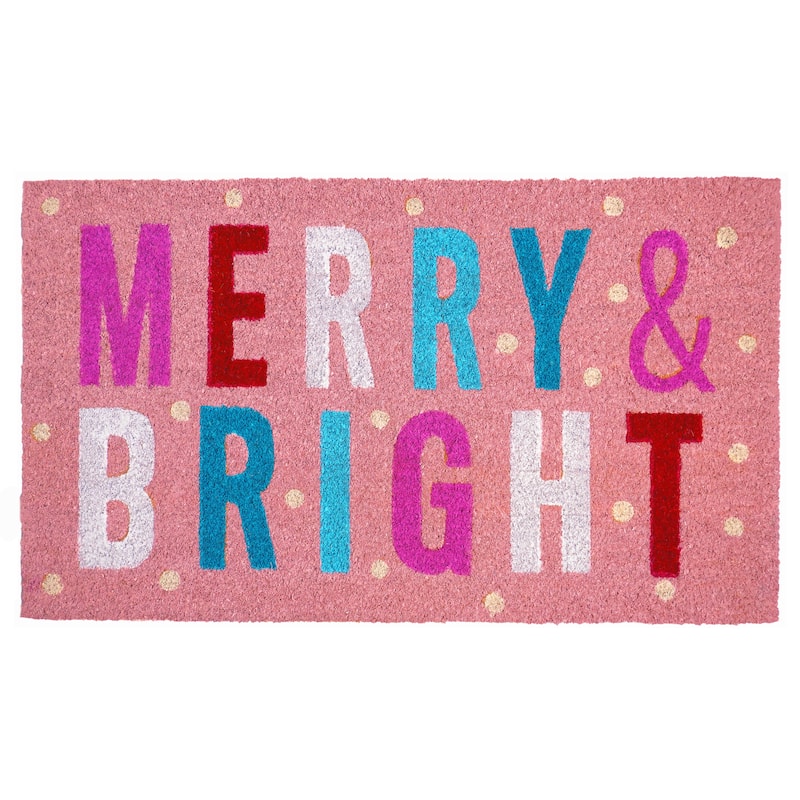 HomeRoots 17" X 29" Pink Blue And White Christmas Merry and Bright Outdoor Coir Door Mat - 17.00' X '29.00
