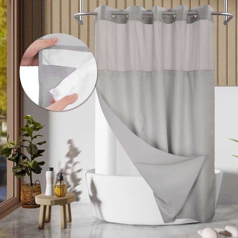 No Hook Slub Linen Texture Shower Curtain with PEVA Snap-in Liner