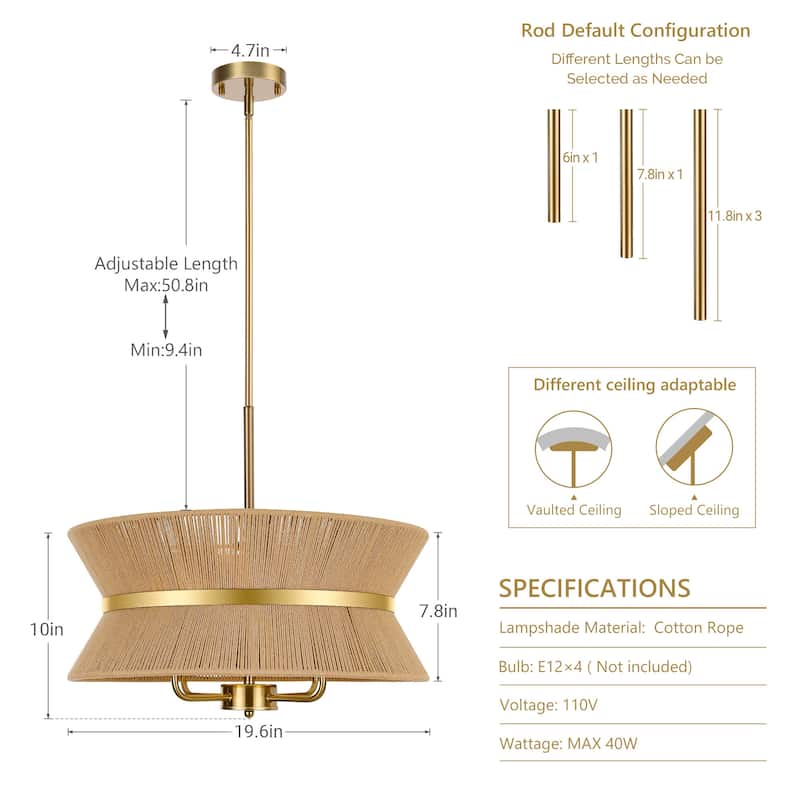 LamQee Large Farmhouse Rattan Chandelier Rope Pendant Light Fixture