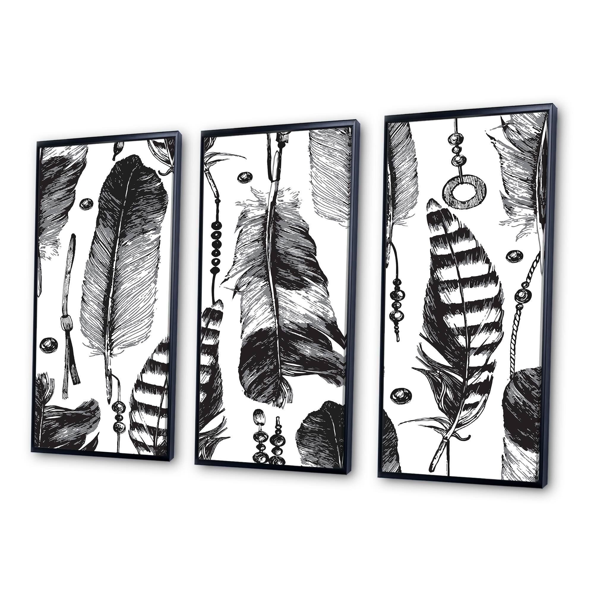 designart-hand-drawn-feathers-animal-framed-art-set-of-3-4-colors