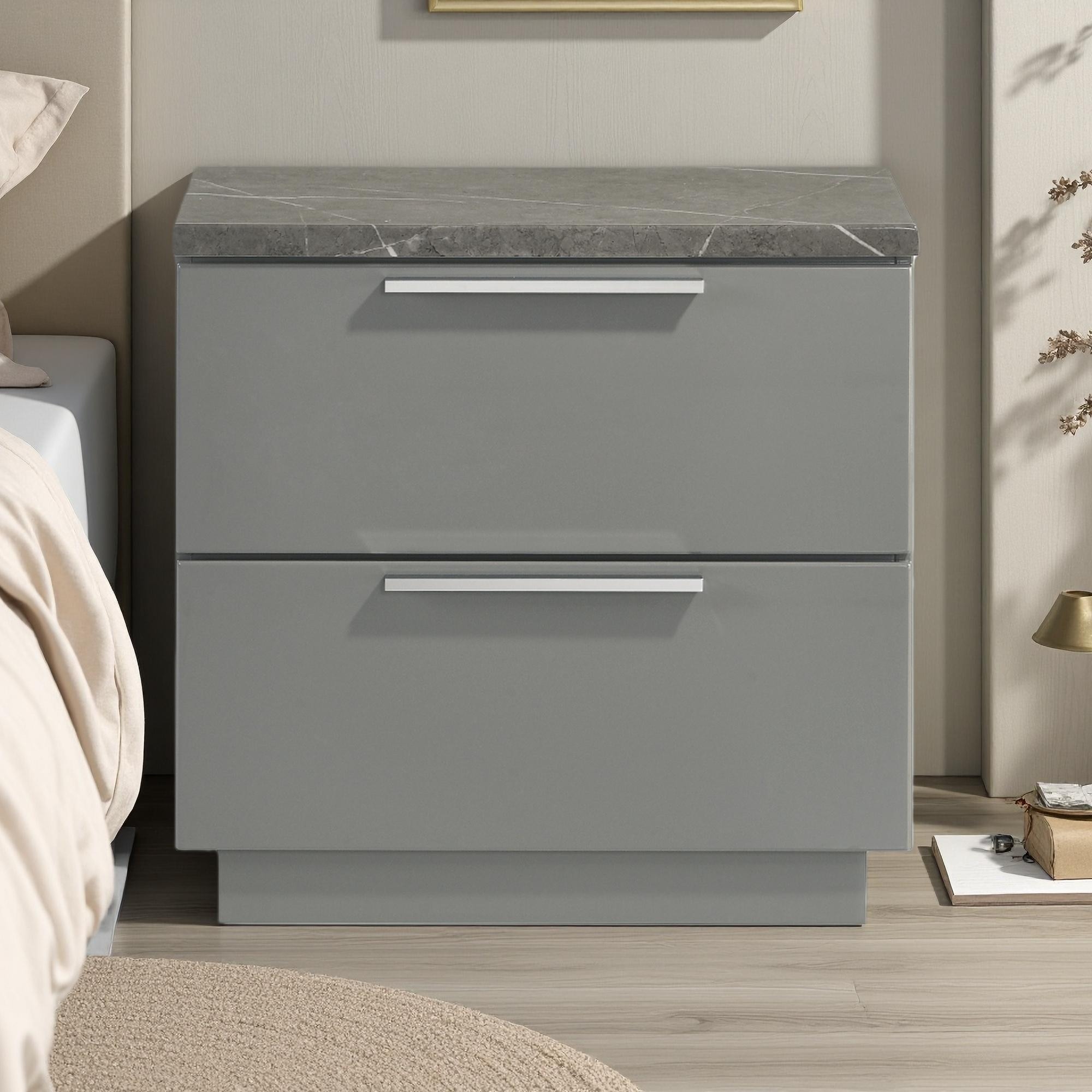 23.23"L Two-Tone High-Gloss Marble & Lacquer Nightstand with 2 Velvet-Lined Drawers, Metal-Finished Legs, Contemporary Design