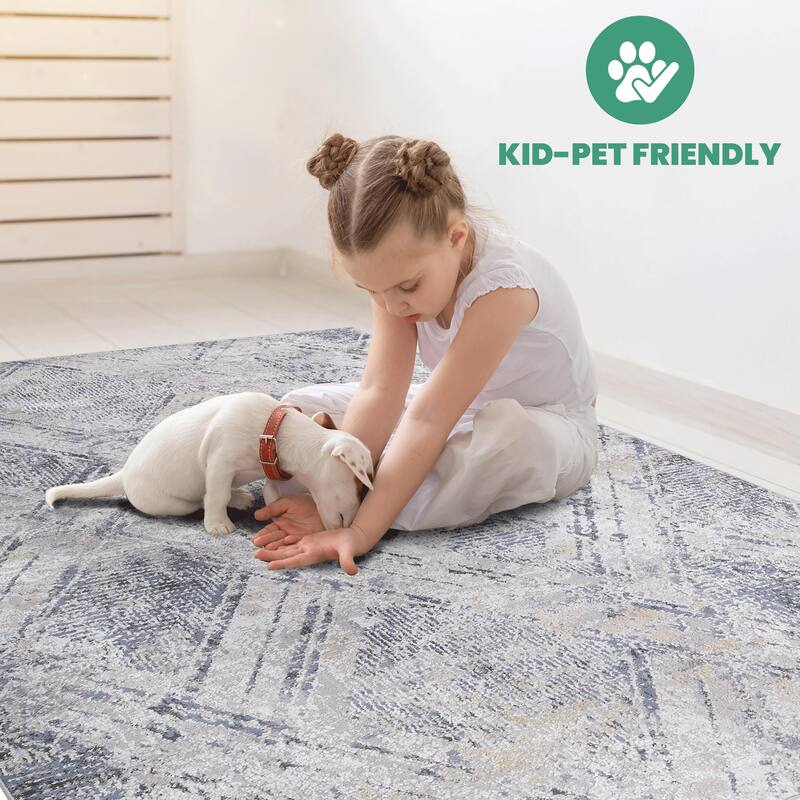 LOOM & LUXE Collection Blue/Grey/Geometric Non-Shedding Area Rug