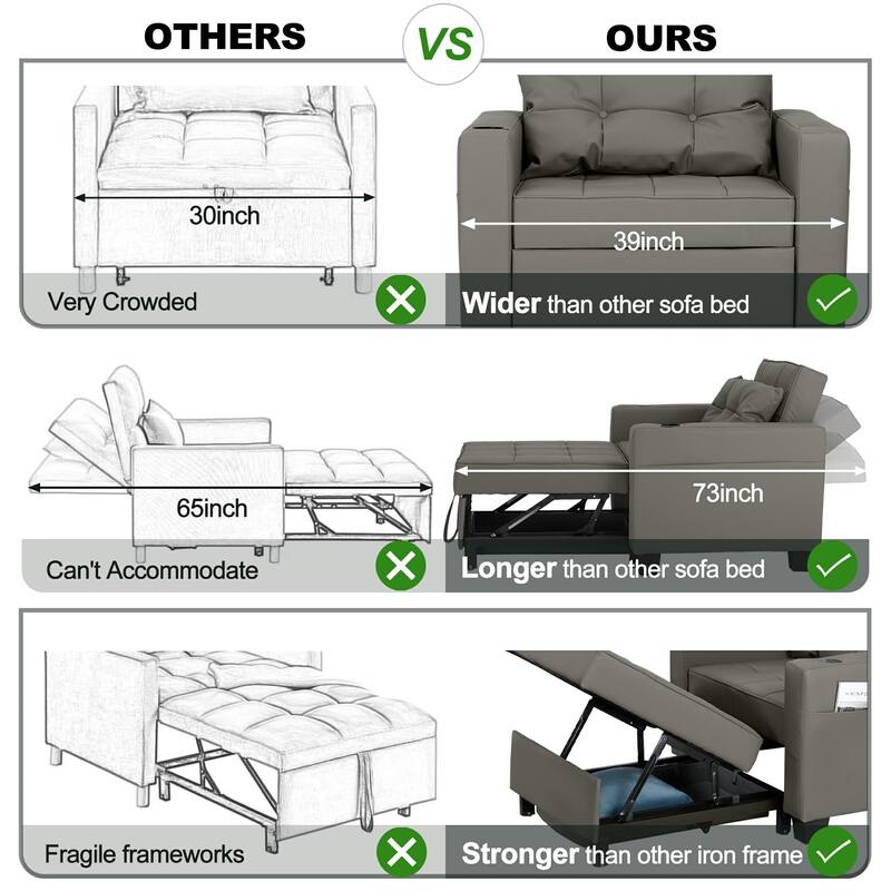 Pull Out Sofa Couch Bed Convertible Sleeper Sofa Bed with Storage Chaise, Sofa Couch