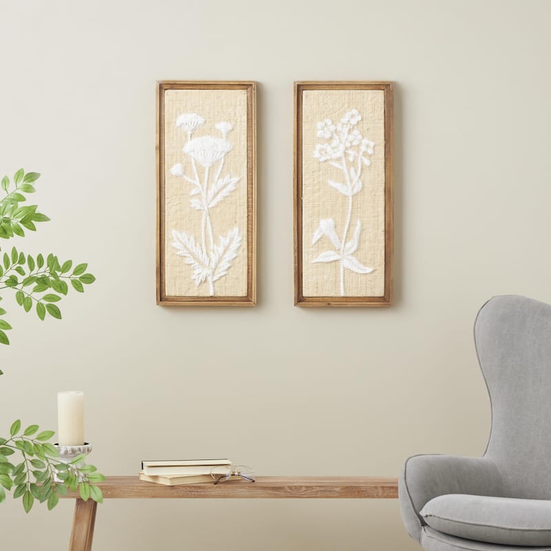 Wood Floral Textured Home Wall Decor with White Painted Accents - Set of 2 Cream - Roche River Decor