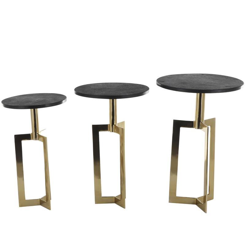 Aluminum Metal Geometric Accent Table with Black Marble Tabletops - Set of 3 Gold or Black - Roche River Decor - Gold