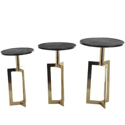 Aluminum Metal Geometric Accent Table with Black Marble Tabletops - Set of 3 Gold or Black - Roche River Decor
