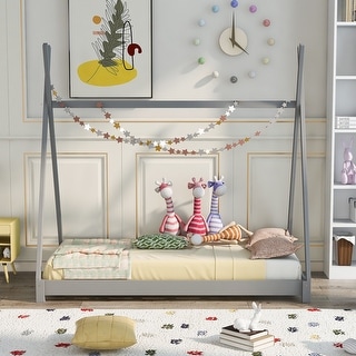 Wooden Twin Size Platform Bed w/Triangle Structure, Twin Kids Bedframe