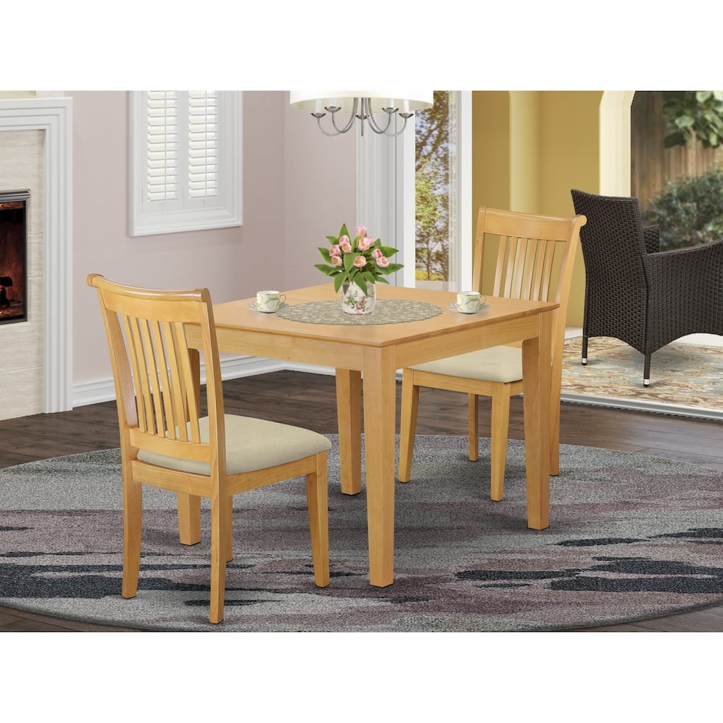 Boho Dining Set - 3 Piece Kitchen Table & Chairs - Square Table, Linen Upholstered Chairs, Oak Finish
