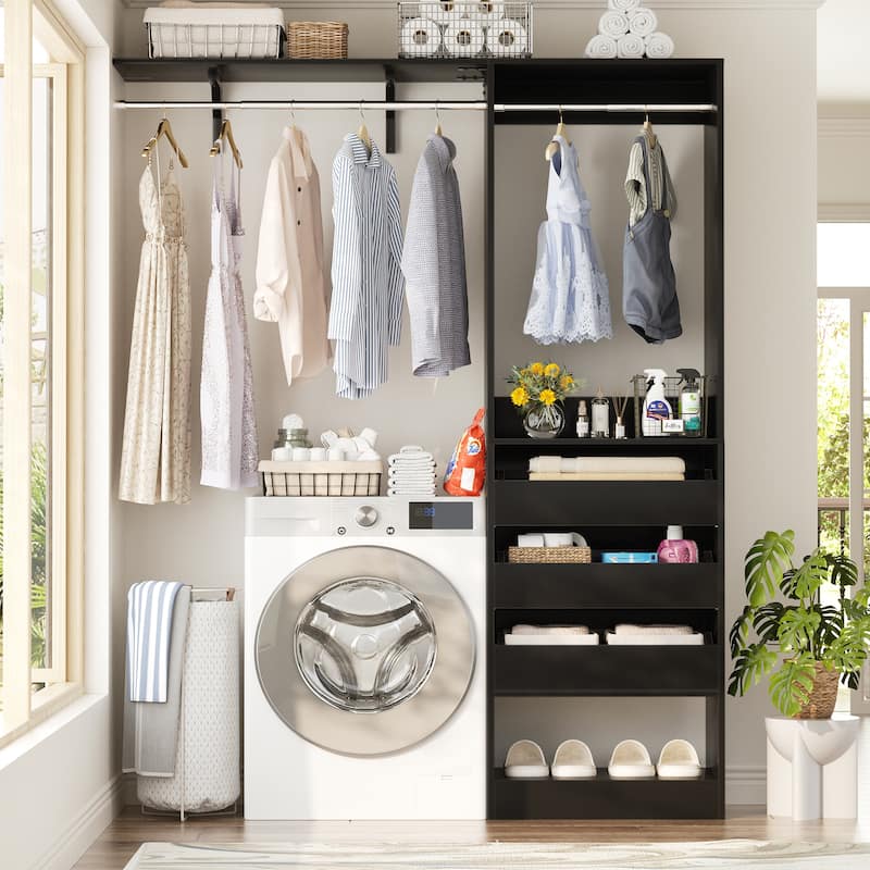 20"-60" Closet System with 3 Wooden Drawers and Sturdy Shelves and Retractable Rods - Black