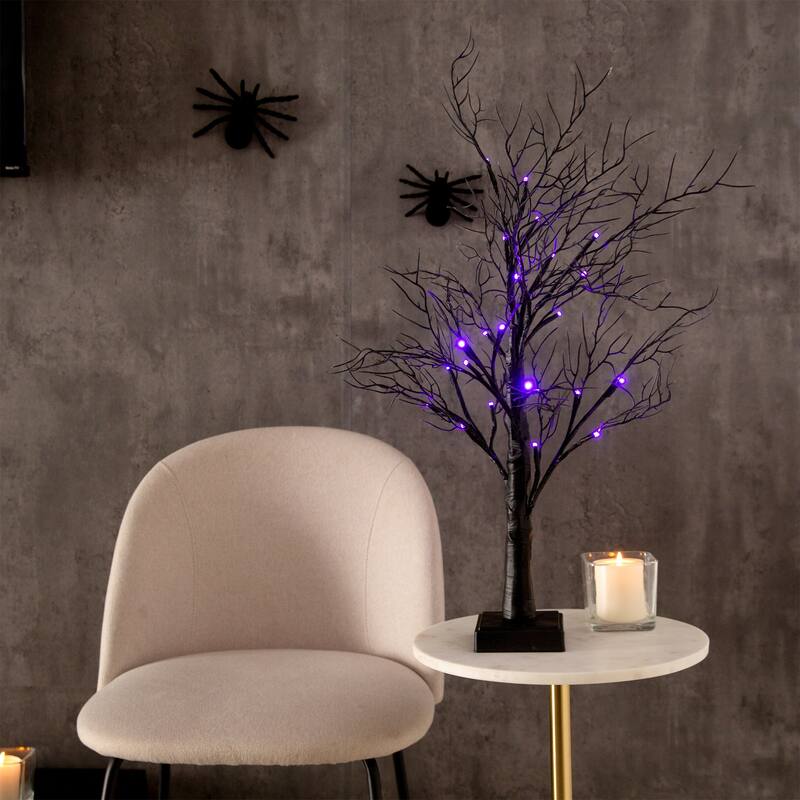 Battery Operated Black Twig Artificial Halloween Tree - 2' - Dual Color LED Lights