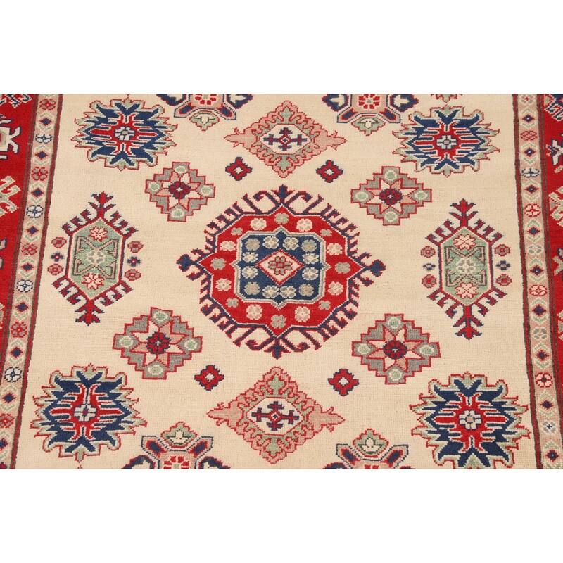 Geometric Kazak Area Rug Hand-Knotted Beige Wool Carpet - 5'2" x 6'6"