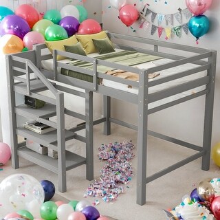 Modern Full Size Loft Bed With Built-in Storage Staircase And Hanger For Clothes,Shelves for Bedroom