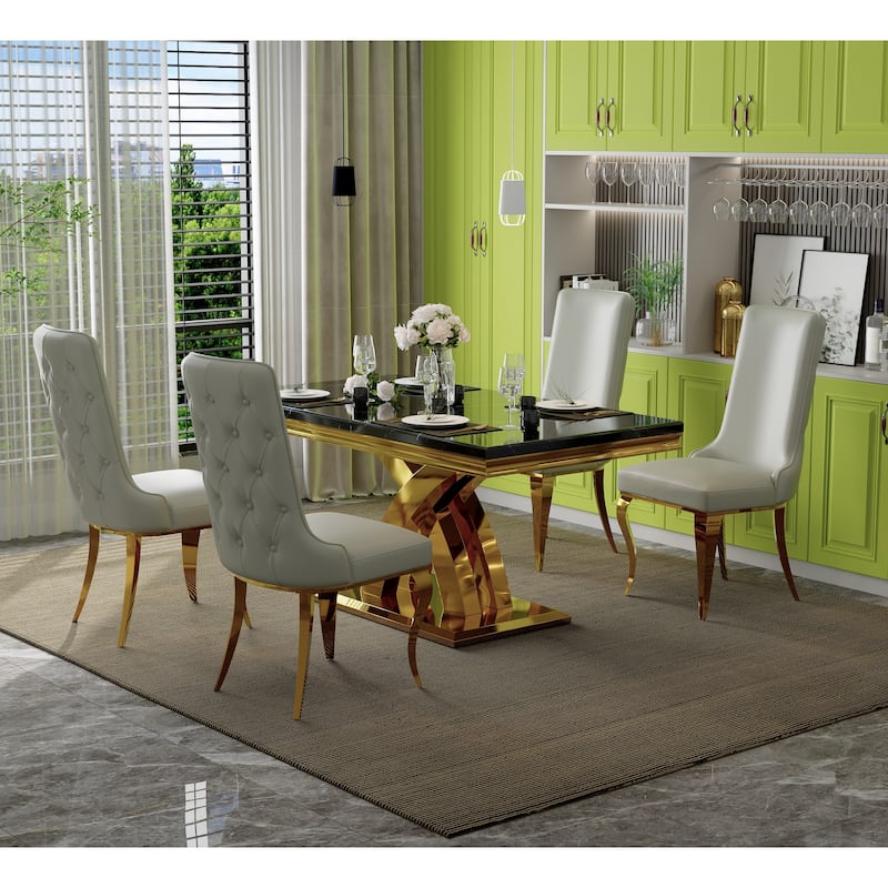 Silver Dining Room Table Set with 65 inch Table and Black Velvet Dining Chairs - Table with 4 Chairs - White
