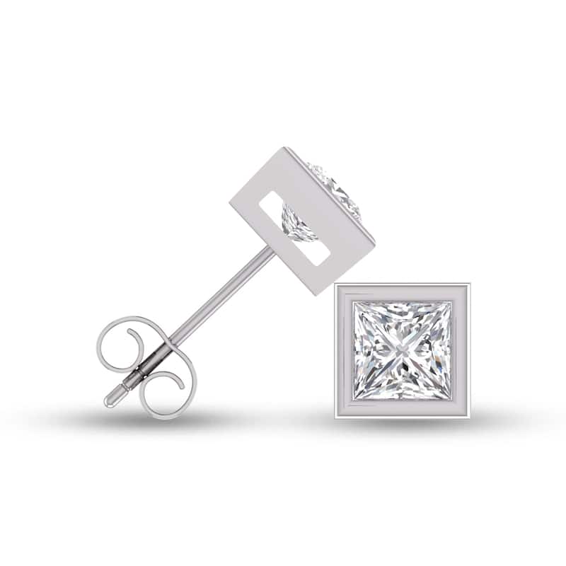 Marquee Lab Grown 1 Carat Princess Cut Bezel Set Solitaire Diamond Earrings in 14K White Gold
