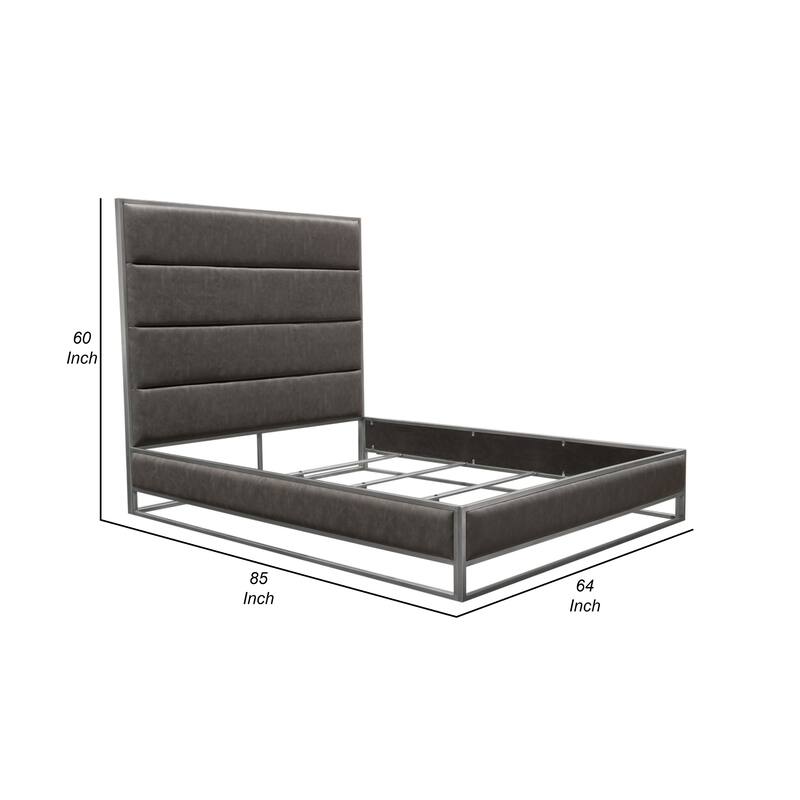 Chek Queen Size Bed, Gray Faux Leather Upholstery w Silver Metal Frame