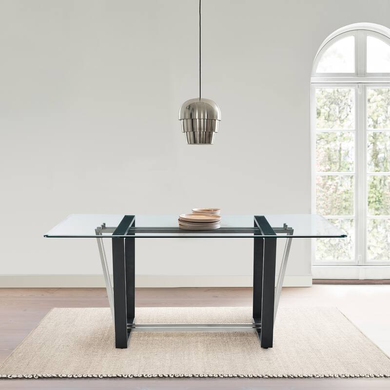 Kai 72 Inch Glass and Black Steel Rectangular Dining Table