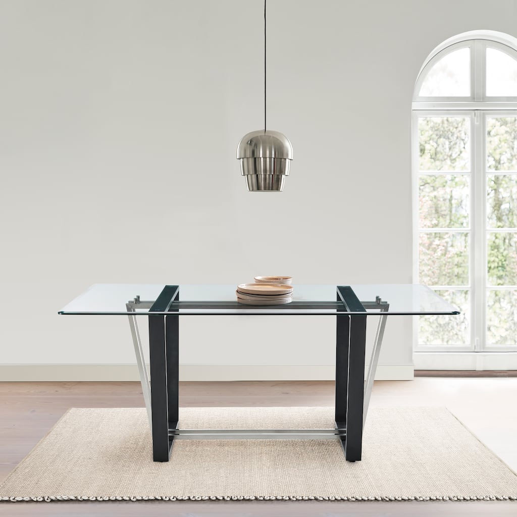 Kai 72 Inch Glass and Black Steel Rectangular Dining Table