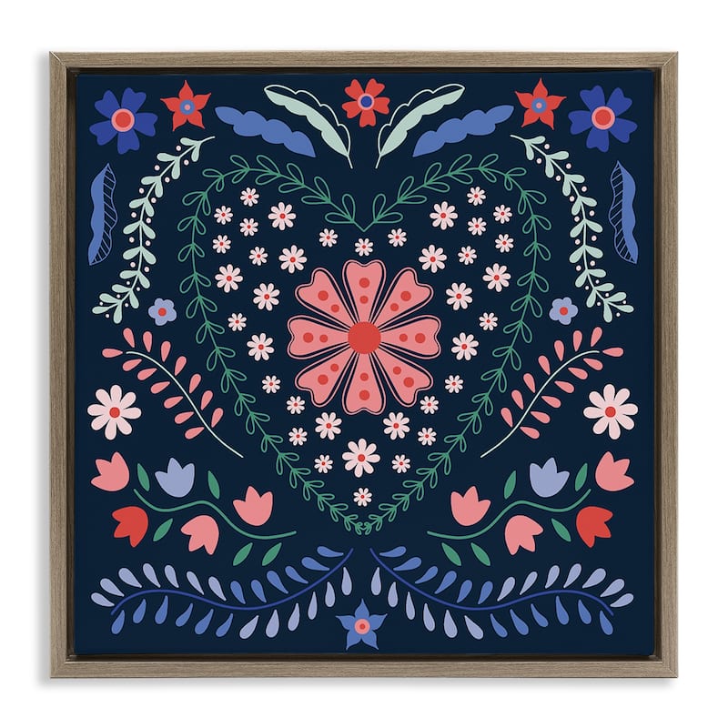 Stupell Folk Flowers in Heart Pattern Framed Floater Canvas Wall Art Design By Sazerelli Designs - 25 x 25 - Brown
