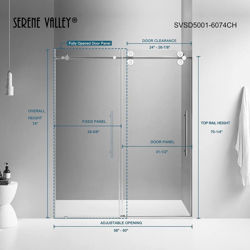 Serene Valley 60 x 74 Inch Big Roller Frameless Sliding Shower Door, Chrome - 160