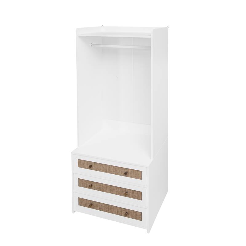 GDFStudio - NordRattan Modern White High Wardrobe Armoire with Rattan Drawers and Hanging Rod