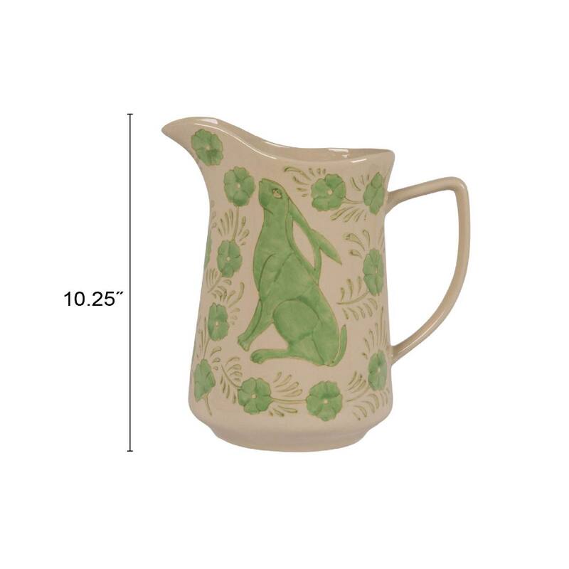 Stoneware Pitcher with Painted Rabbit and Florals
