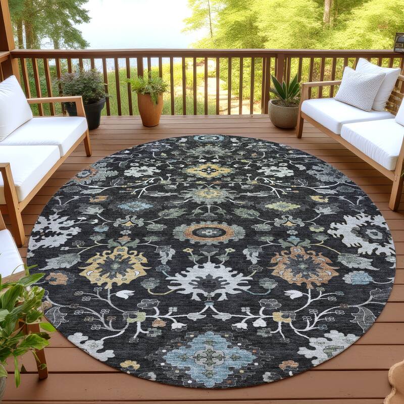 Machine Washable Indoor/ Outdoor Traditional Marci Chantille Rug - Black - 8' x 8'