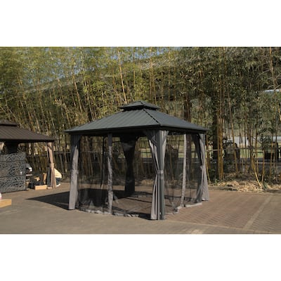 GDFStudio - Terry 8' x 8' Gray Aluminum Hardtop Gazebo with Galvanized Steel Double Roof