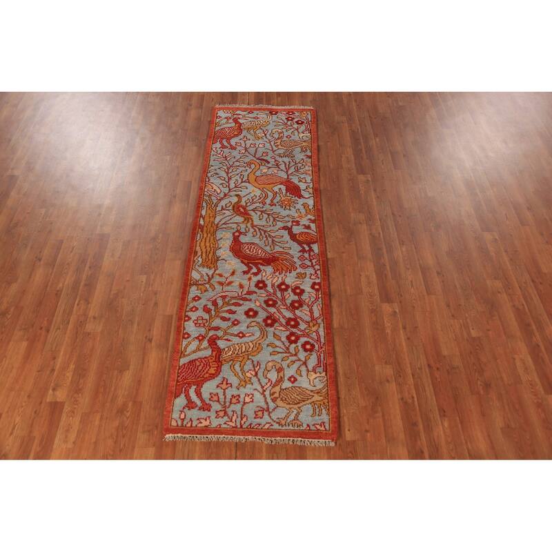 Animals Design Blue Ziegler Indian Runner Rug Hand-Knotted Wool Carpet - 2'6"x 7'11"