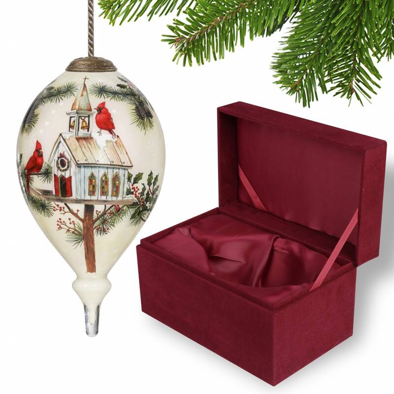 Home of the Red Cardinals Hand Painted Mouth Blown Glass Ornament - 6" x 3.35" x 3.35"