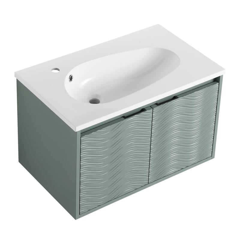 White Double-Door Wall-Mounted Vanity with Drop-Shaped Resin Sink, Soft-Close Hinges, and Hidden Metal Handles
