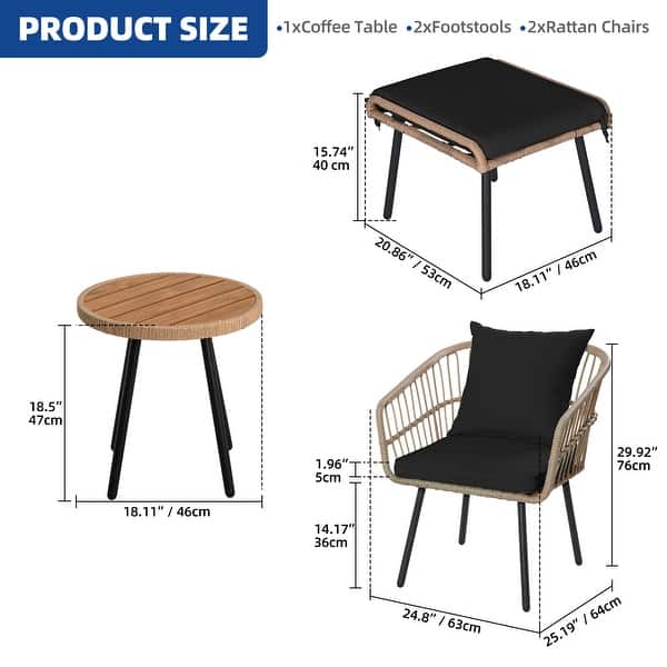 dimension image slide 2 of 4, Moasis 5-Piece Outdoor Wicker Patio Bistro Set with Footrest Ottomans