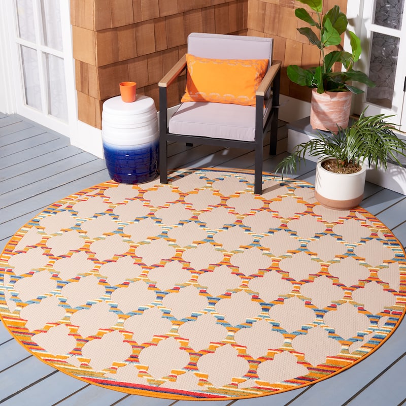 SAFAVIEH Cabana Kaleen Indoor/ Outdoor Waterproof Patio Trellis Rug - 6'7" Round - Ivory/Orange