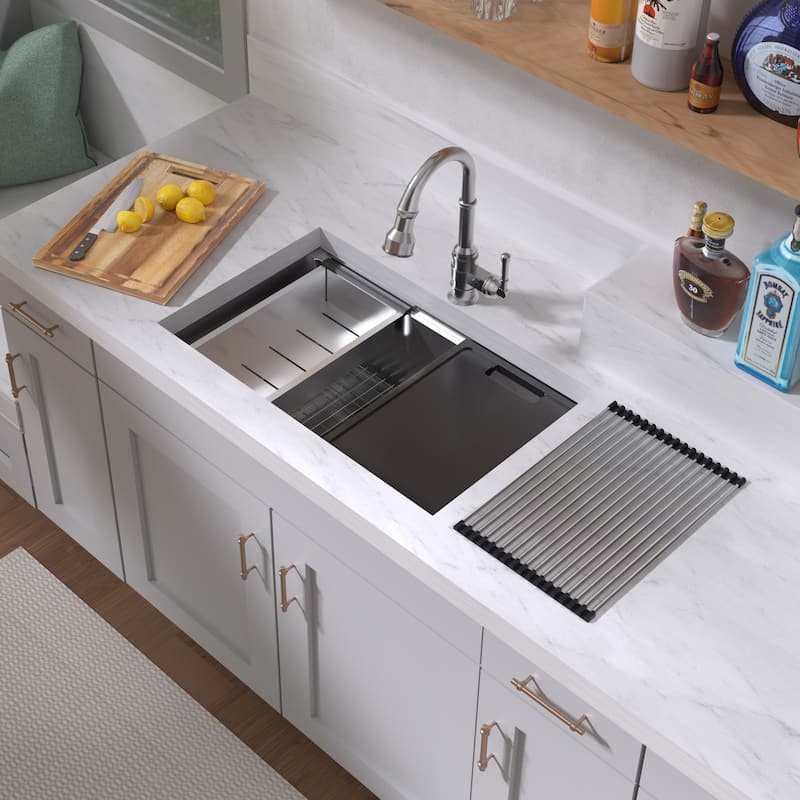 Whitehaus Undermount Single Bowl 16 Gauge Brushed Stainless Steel Workstation Sink With Accessories