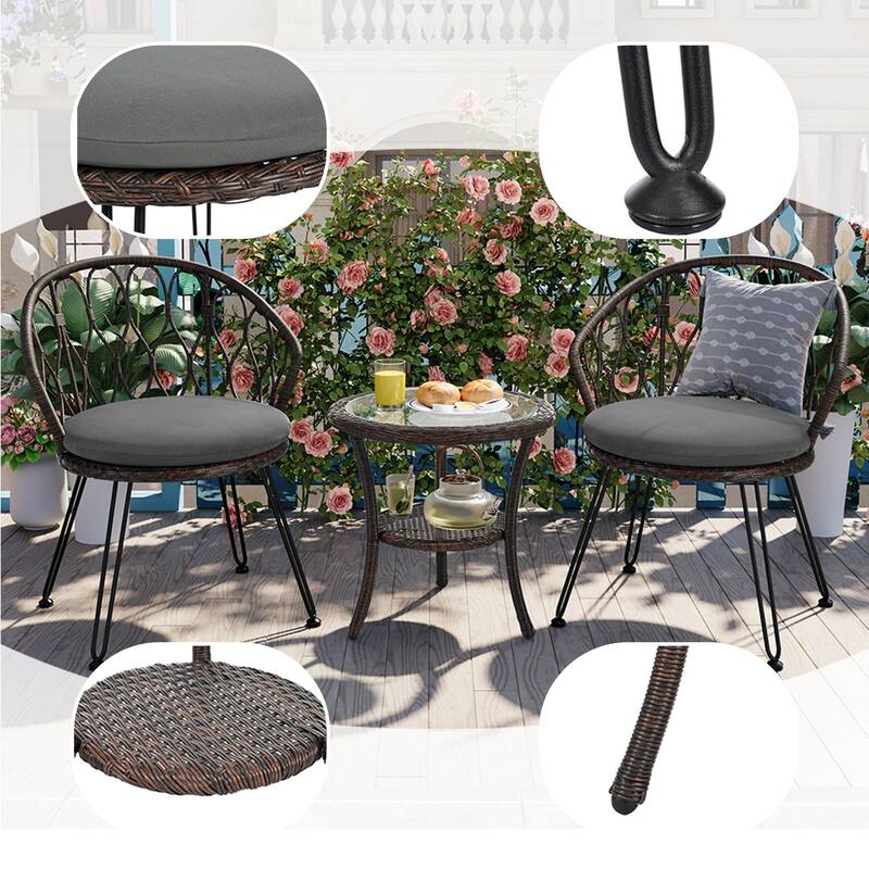 Modern Rattan Outdoor Set with Glass Table & Iron Chairs, Weatherproof