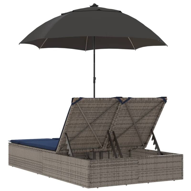 vidaXL Patio Double Sun Lounger&Cushions&Parasol Poly Rattan Brown/Gray/Black - 78.7" x 64.6" x 69.3"