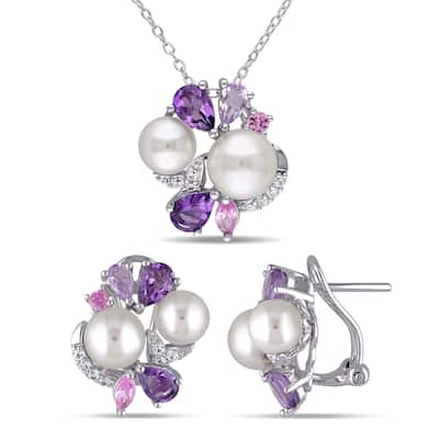Miadora 4ct TGW Created Pink Sapphire Amethyst Rose de France Cultured Freshwater Pearl Jewelry Set