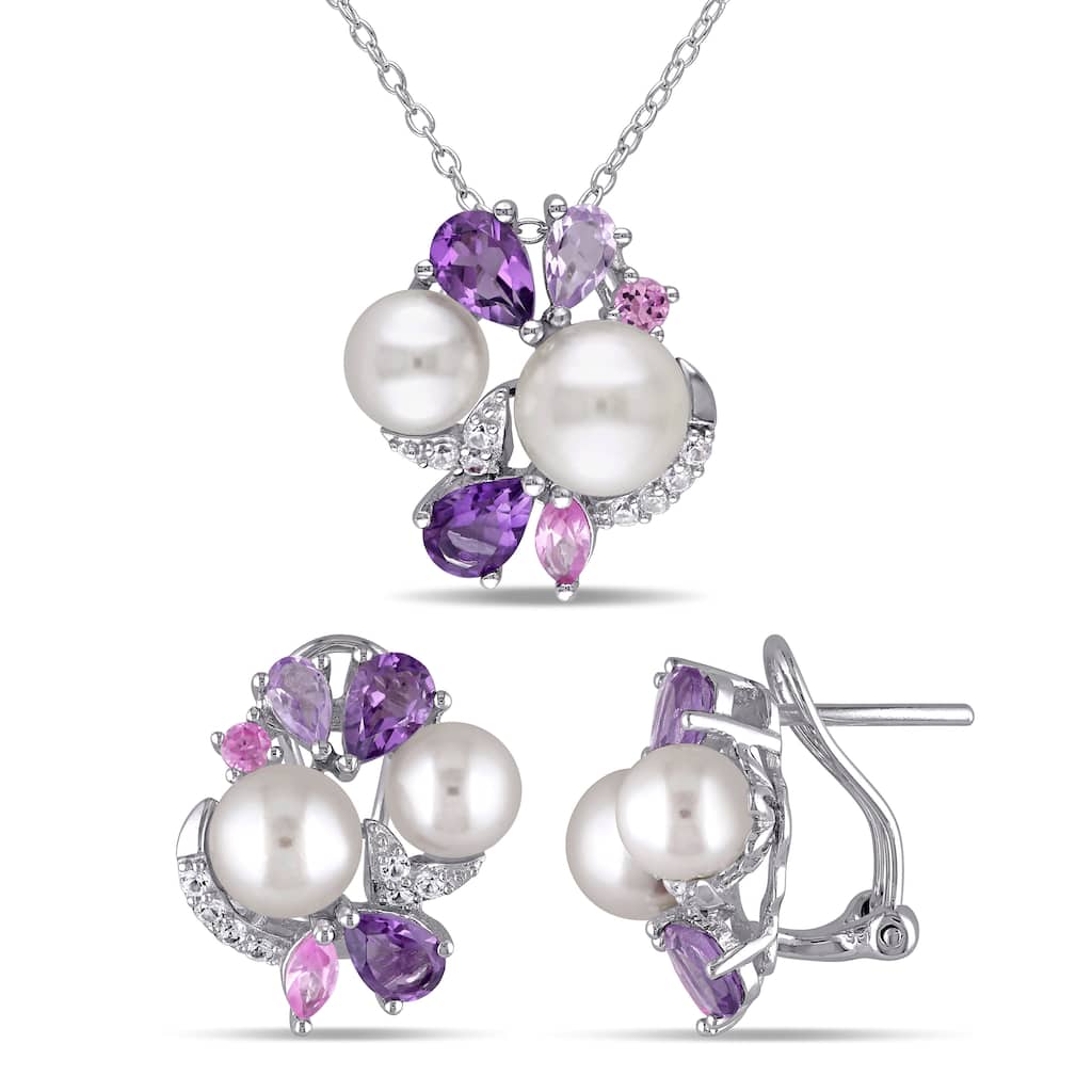 Miadora 4ct TGW Created Pink Sapphire Amethyst Rose de France Cultured Freshwater Pearl Jewelry Set