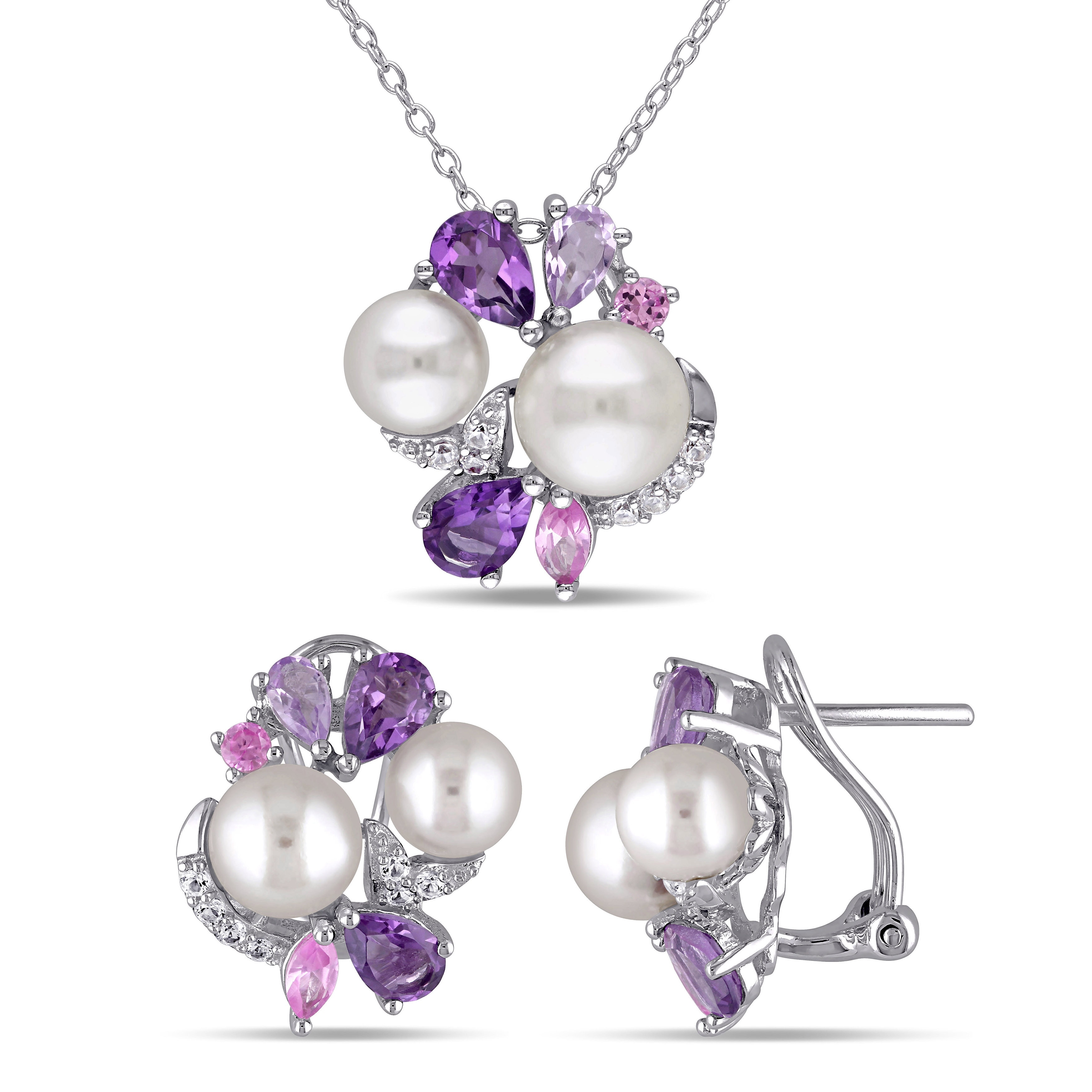 Miadora 4ct TGW Created Pink Sapphire Amethyst Rose de France Cultured Freshwater Pearl Jewelry Set