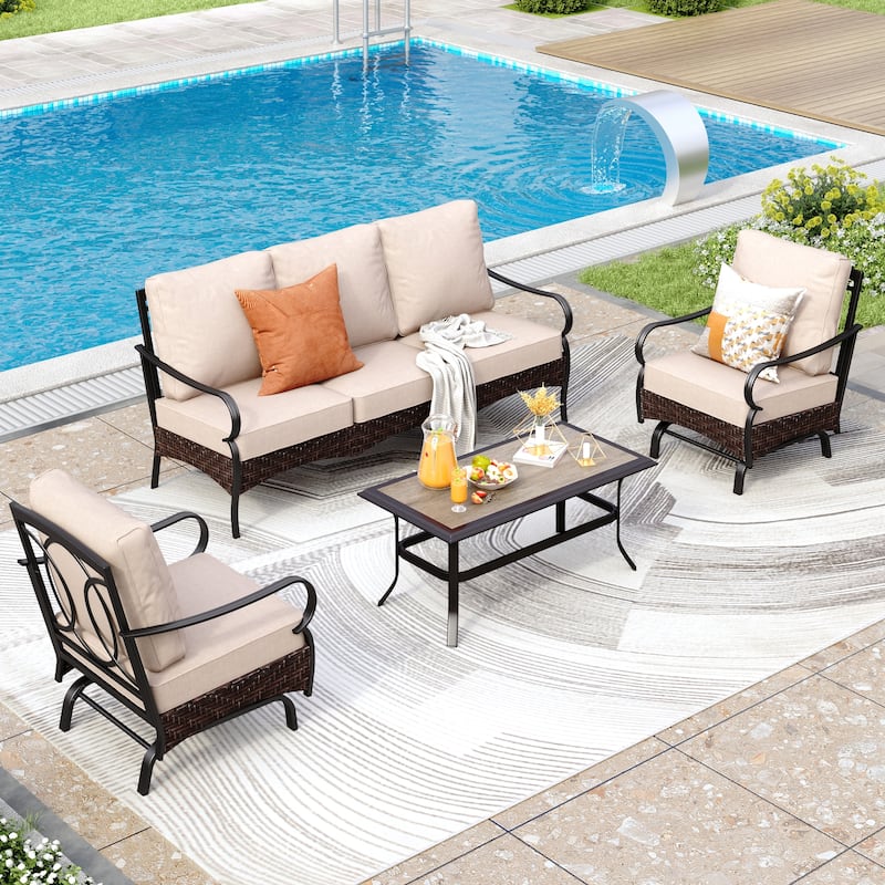 MAISON ARTS 4-Piece Rattan Wicker Patio Furniture Set with Swivel Chairs, Metal Frame & Coffee Table for Outdoor Spaces
