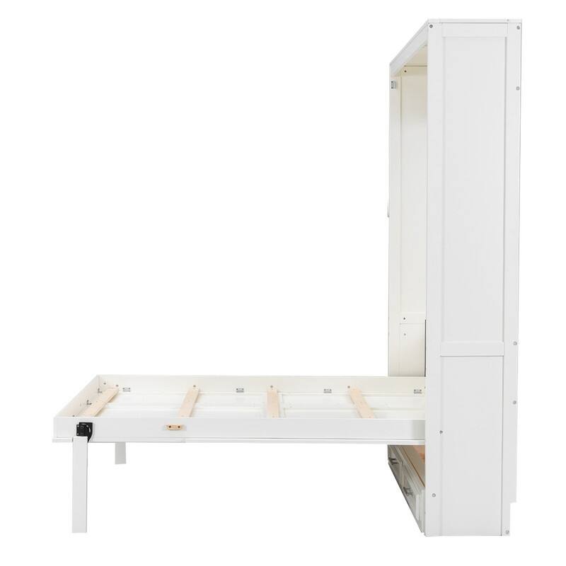 Full Size Murphy Bed with 2 Storage Drawers, Wooden Folding Bed Frame, Wardrobe Design Modern Wall Bed